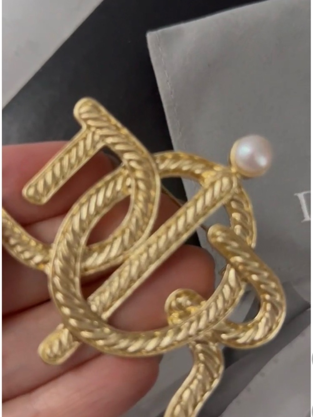 Vintage Dior Gold-Tone Braided Monogram Brooch with Pearl - signed